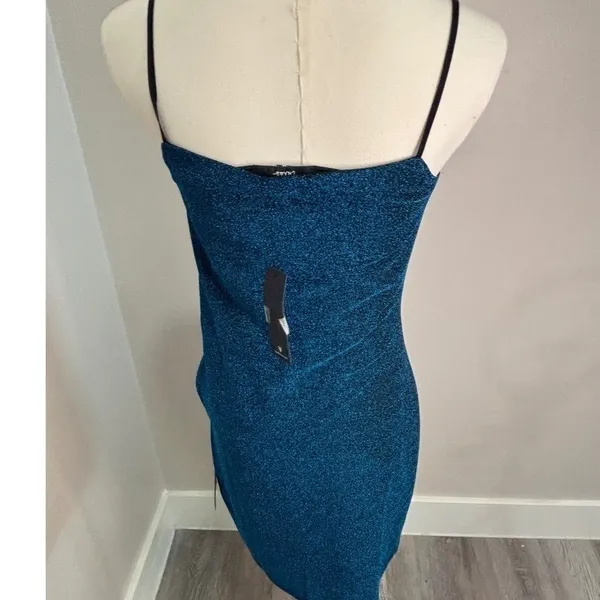 Lulus Blue Glitter Mini Dress Spaghetti Strap Square Neck NWT M Zipper‎ Broken - Image 5