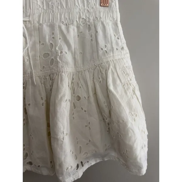 Free People Roselle Eyelet Mini Skirt Ivory‎ Button Front Drawstring Women's Med - Image 7