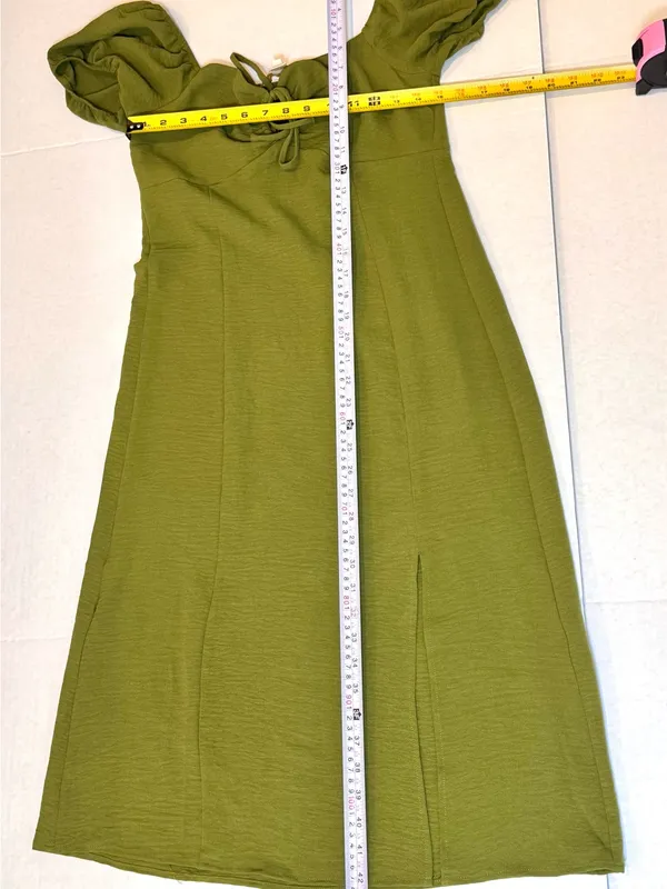 Monteau Los Angeles M Olive Green Puff Sleeve Midi Dress Cottagecore Boho Brunch - Image 13