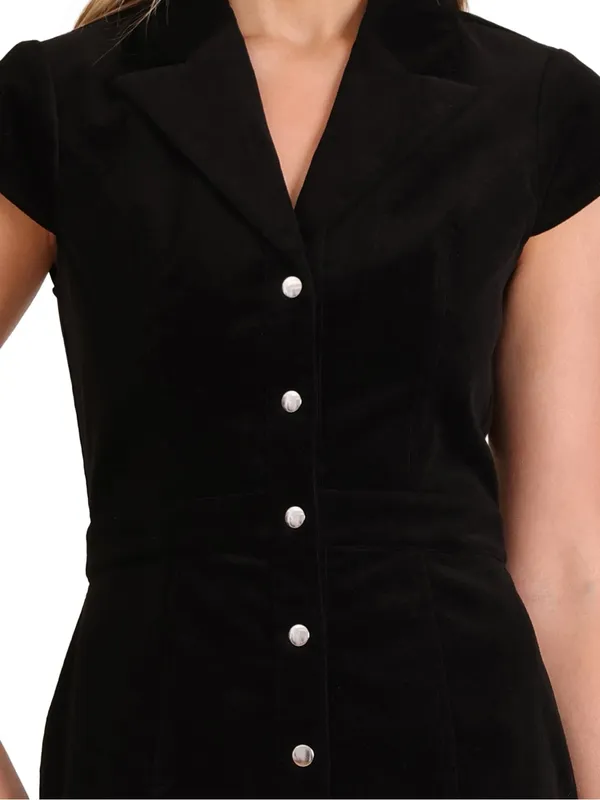 Avec Les Filles Women’s Black Corduroy Button Front Short Sleeve Midi Dress Sz 6 - Image 6