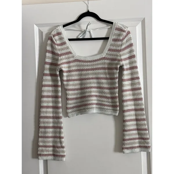 Hollister Crochet Knit Striped Knit Bell‎ Sleeve Square Neck Crop Sweater Small - Image 5