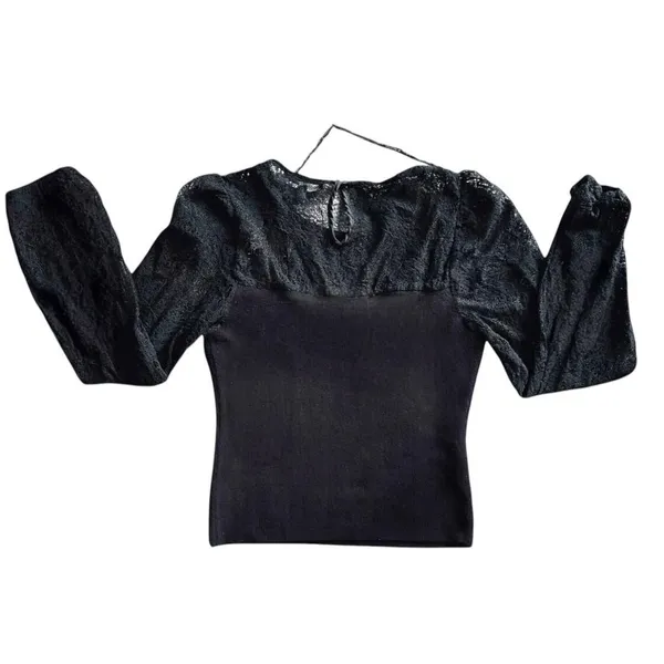 Lulus Long Sleeve‎ Top Women Black Lace Ribbed Knit Elegant Chic Size M - Image 3