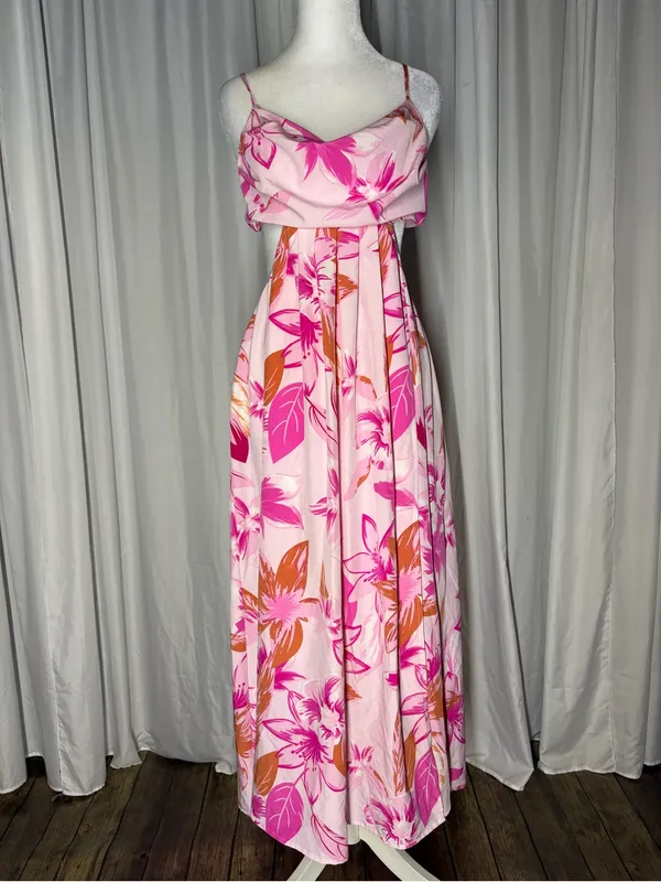 Pink Floral Maxi Dress with Spaghetti Straps - Image 4