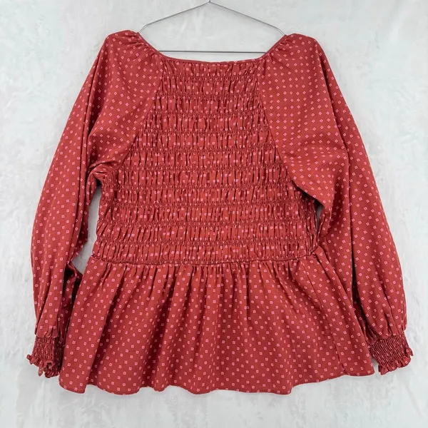 Ava + Viv Rust Orange Ruched Babydoll Top Long Sleeves Prairie Boho 100% Cotton - Image 2