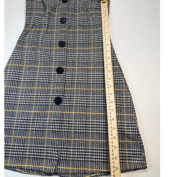 Grey‎ Yellow Plaid Button Front Mini Dress Sleeveless V-Neck A-Line Pinafore - Image 7