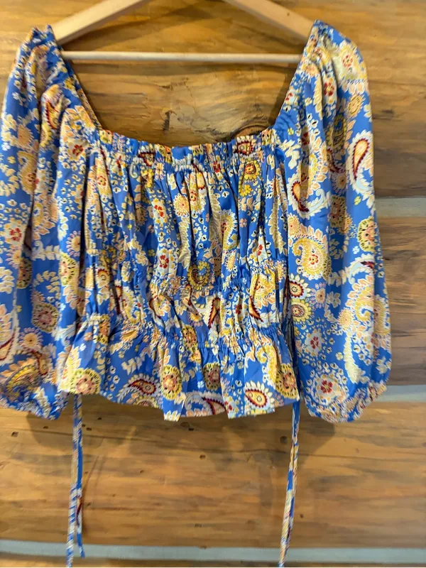 Lulus Staying Cute Blue Paisley Satin Ruffled Long Sleeve Top size Medium - Image 3