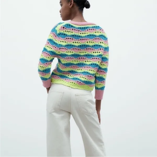 Zara Chunky Crochet Striped Front Tie Cardigan Retro Boxy Vibrant Y2K Sz M - Image 3