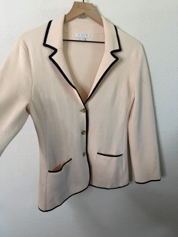 J Crew Contrast Trim Waisted‎ Sweater-Blazer Knit Cream Womens Size S - Image 6