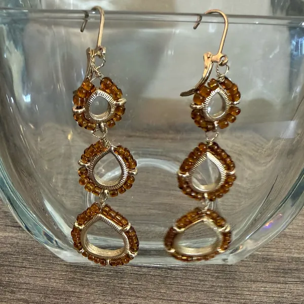 Gold Tone Amber Color Seed Beads 3 Tiered Dangle Earrings Artsy Boho Festival - Image 2