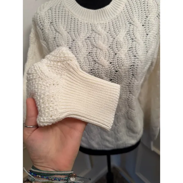 Vigoss Women's Cream White Cable Knit Pullover Sweater Crew Neck Cozy Preppy - Image 2