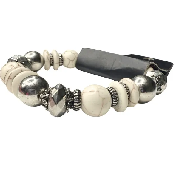 Paparazzi Beaded Stretch Mesa Marbled Maverick Bracelet Stackable White Silver - Image 3