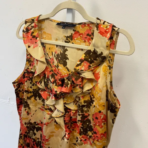 Y2K Anne Klein Floral Ruffle V-Neck Sleeveless Blouse Orange Yellow Womens Large - Image 3