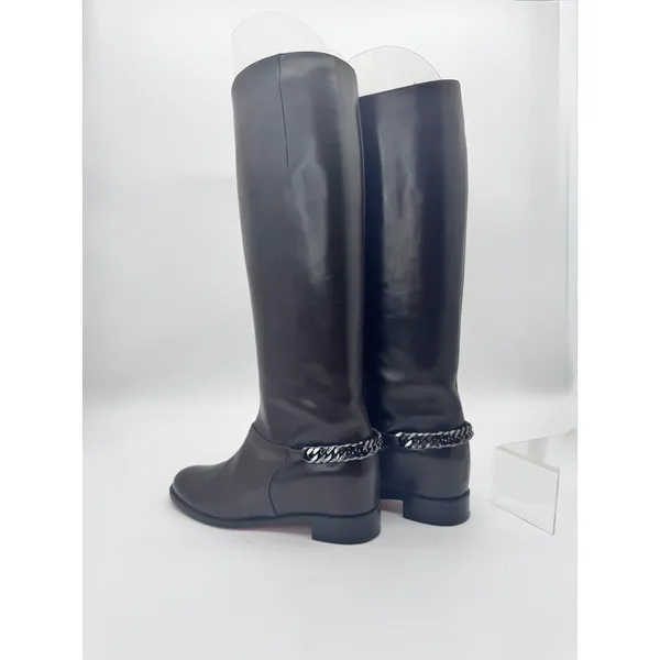 Christian Louboutin Cate Dark Brown Leather Riding Boots Chain Link EU 36 - Image 9