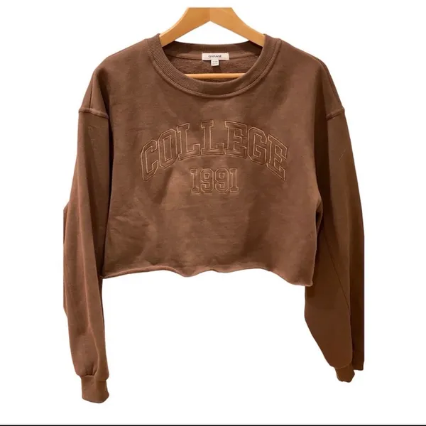 Garage Brown College Crop Sweatshirt Cozy Retro Oversized XS Athletic - Image 2