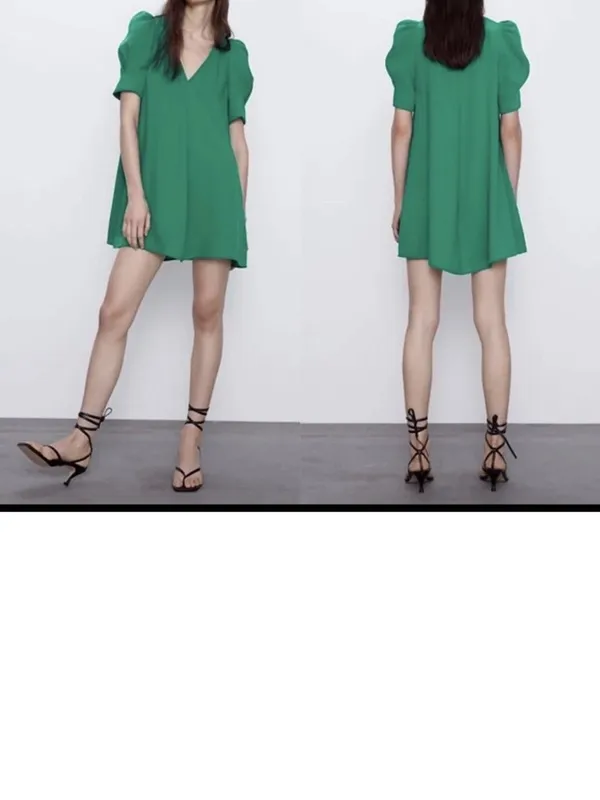 Zara Emerald Green V-Neck Midi Dress with Puff Sleeves - Image 2
