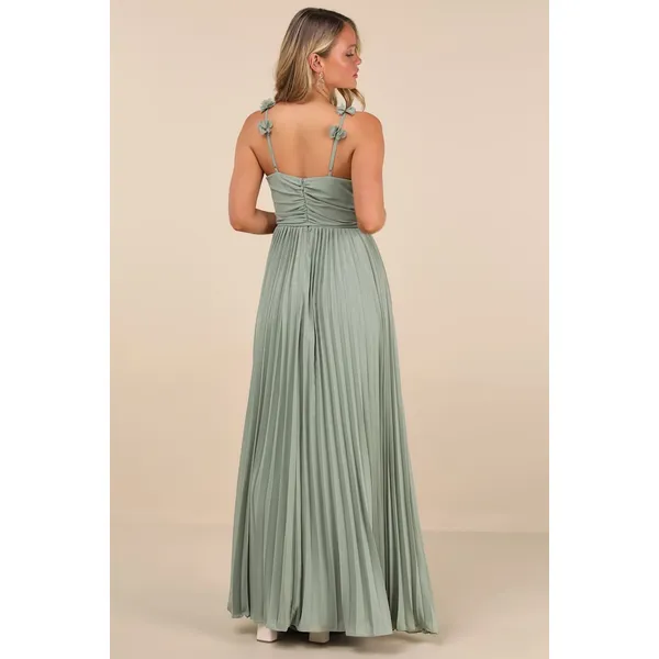 NWT Lulus Hera Sage Pleated Floral Applique Maxi Dress Bridesmaid Gala Size L - Image 3