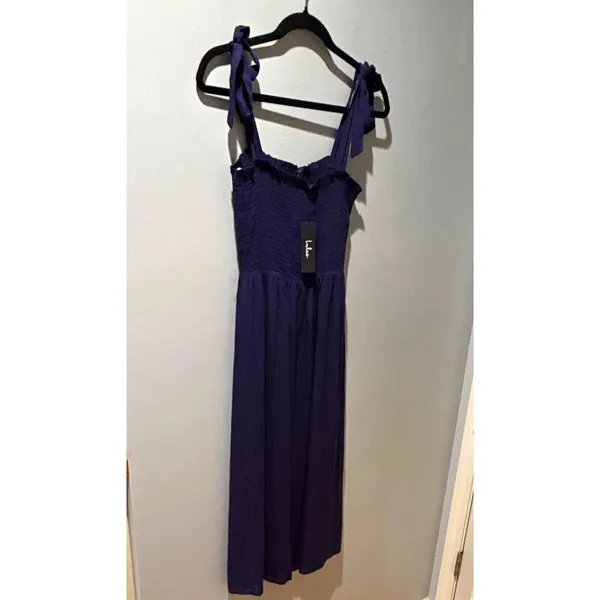 Lulus Navy Smocked Tie Strap Square Neck Sleeveless Midi Dress Medium - Image 4