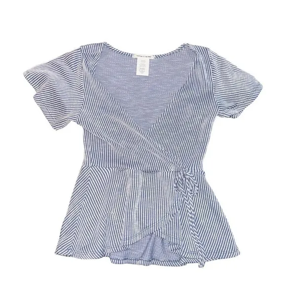 Caution To The Wind Blouse Womens S Blue & White Striped Wrap‎ Peplum Top - Image 2