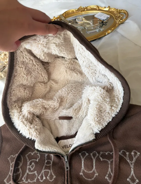 Y2K Brown Faux Fur Lined Hooded Zip Up - Image 2