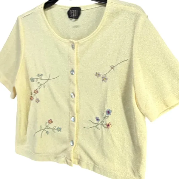 Vintage Teddi Cardigan Top Womens M Yellow Floral Embroidered Cottage Dainty - Image 2