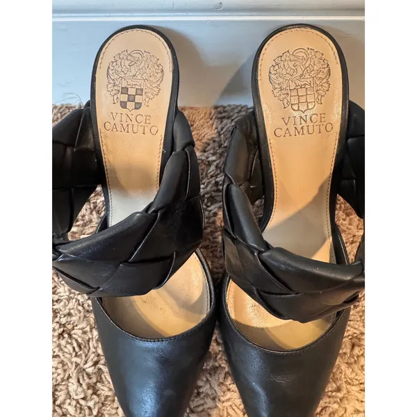 Vince Camuto Women's 8 Black Leather Woven Strap Pointed Toe Mule Heels - Image 2