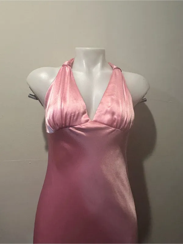 Elegant Backless Satin Halter Maxi Dress - Pink - Image 2