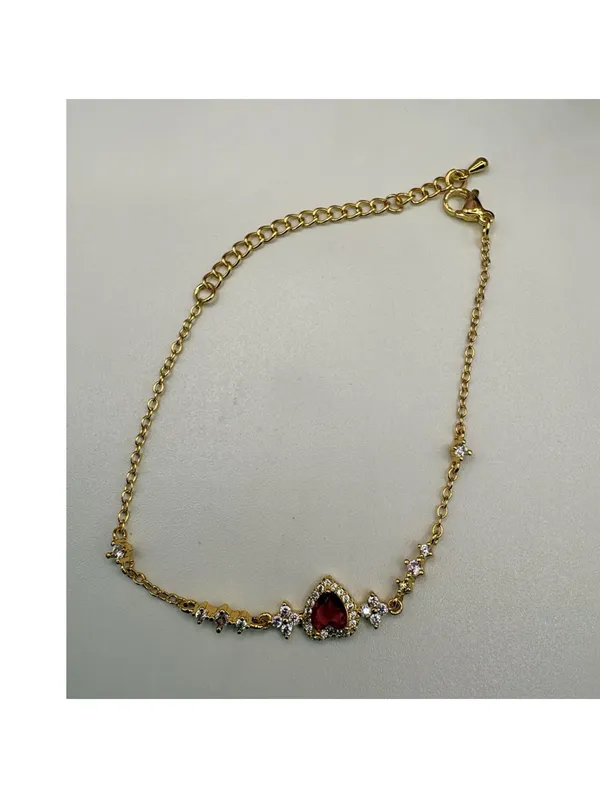 Gold Tone Chain Bracelet with Heart-Shaped Red Stone and Crystal Accents - Image 2
