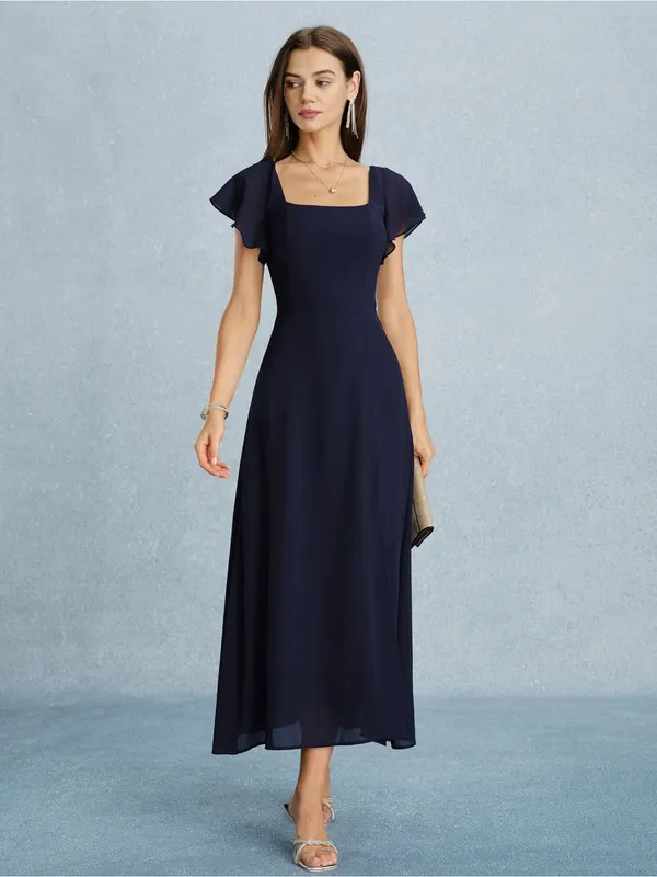 Rihoas Navy Square Neck Slit Chiffon Maxi Dress - Image 4