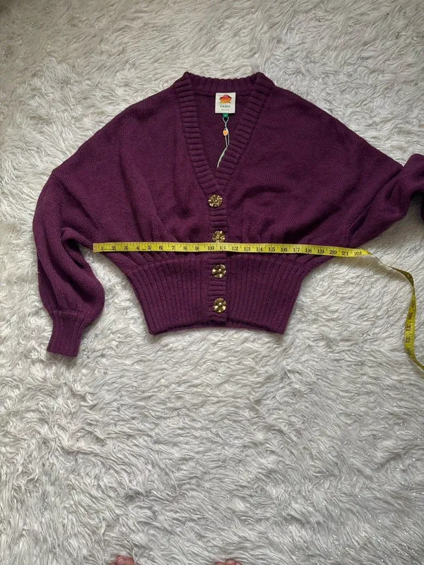 FARM Rio Burgundy Rib-Knit Button Front V-Neck Balloon Sleeve Women’s Cardigan M - Image 6