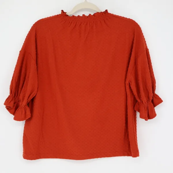 Madewell Women's Ruffle Mock Neck Short Sleeve Clip Dot Top Russet Orange Small - Image 8
