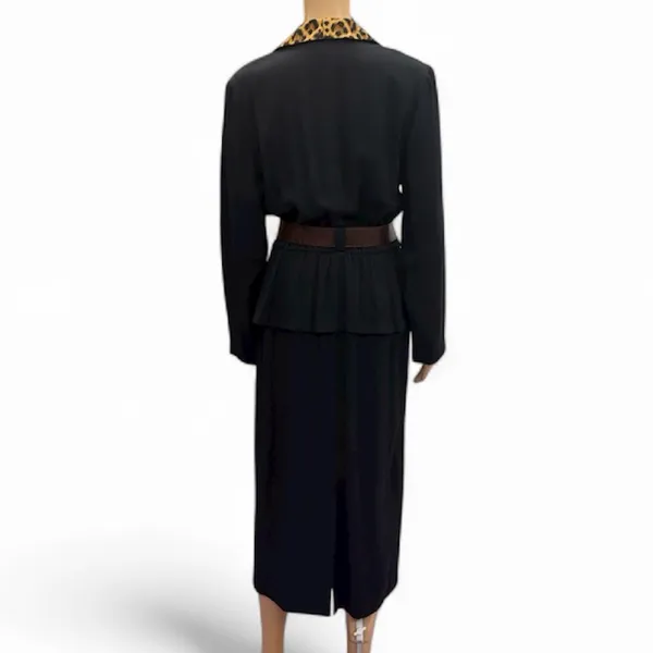 Studio I Vintage Black Leopard Collar Long Sleeve Belted Button Front Dress 10 - Image 4