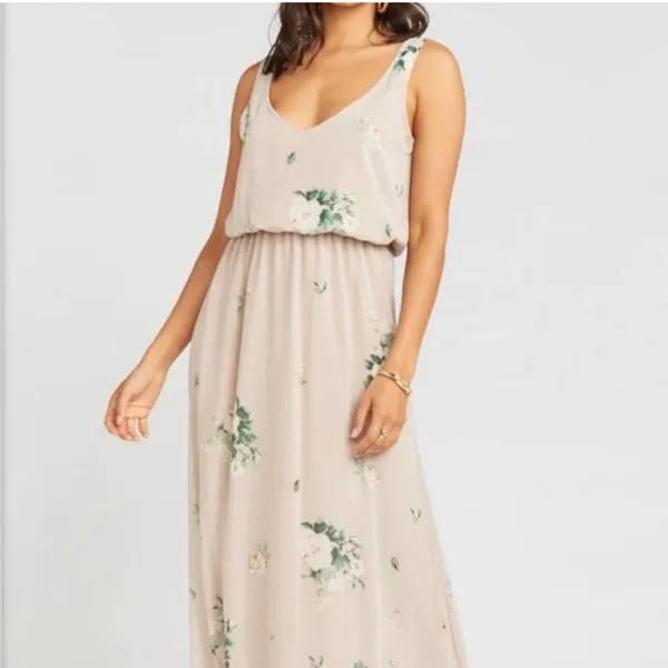 Show Me Your MuMu Kendall Maxi Dress Size XL Cream Green Floral Chiffon Low Back - Image 4