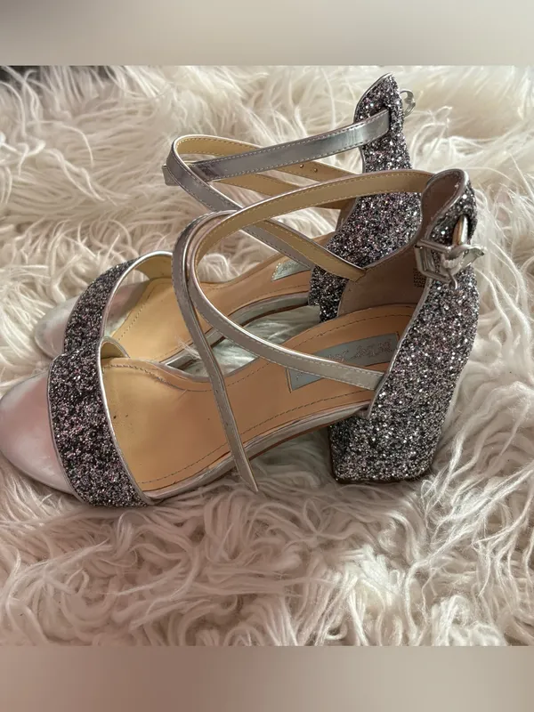 Betsey Johnson Silver Glitter Lane Block Heel Ankle Strap Sandals Size 7M - Image 6