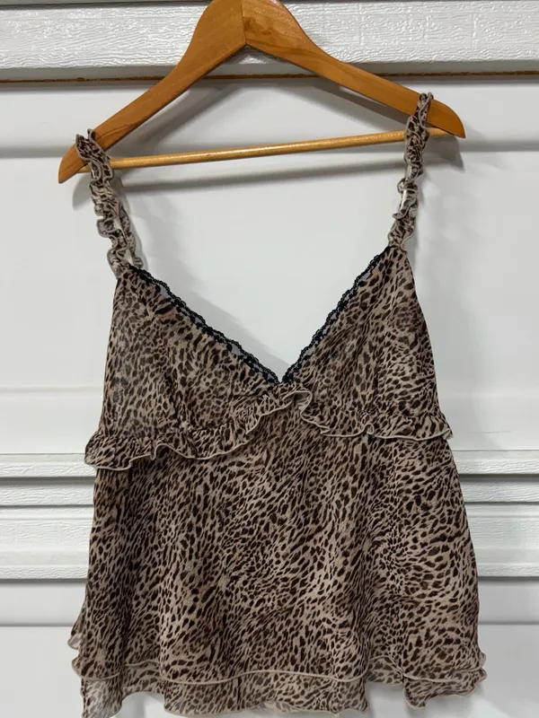 Motel Melinda Frill Cami Top In Chiffon Leopard Large New - Image 3