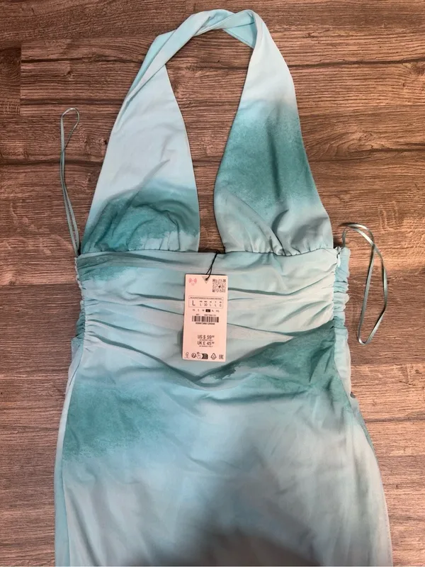 NWT Zara Aqua Watercolor Halter Midi Dress Size L - Image 8