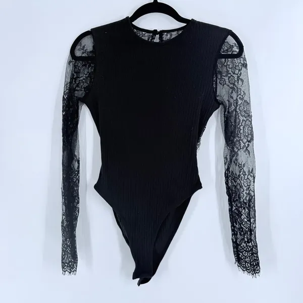 SheIn Women’s Black Lace Long Sleeve Cut Out Back Bodysuit Size Medium - Image 5