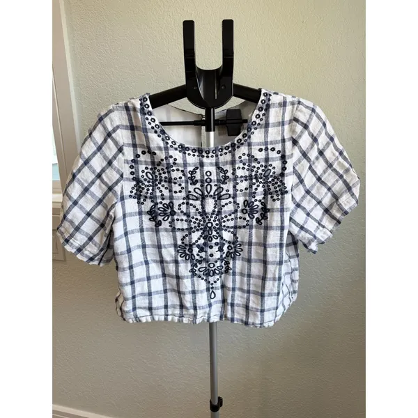 Anthropolgie Moon River April Embroidered Gingham Cropped Plaid Top Size L - Image 2