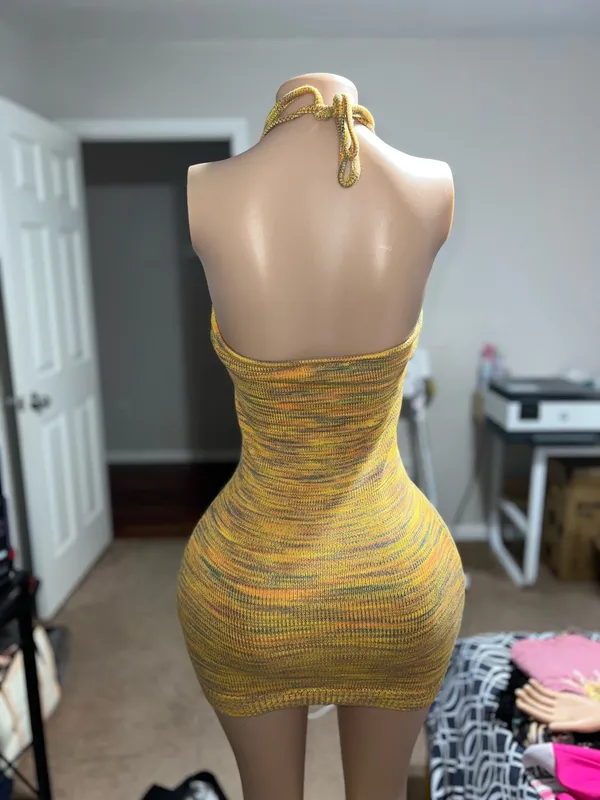 Yellow and orange mini bodycon crochet dress #bodycon #minidress - Image 5