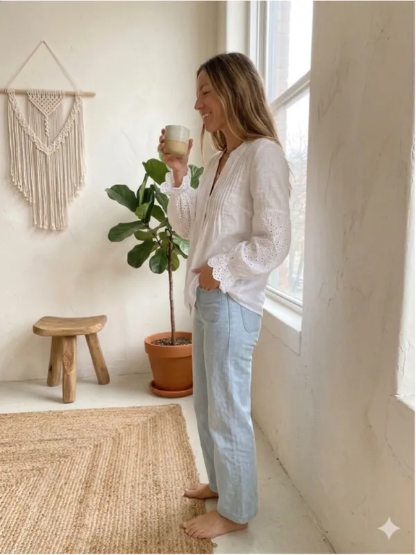 White Eyelet Puff Sleeve Pintuck Blouse Button Front High Low Tunic Boho Cottage - Image 3