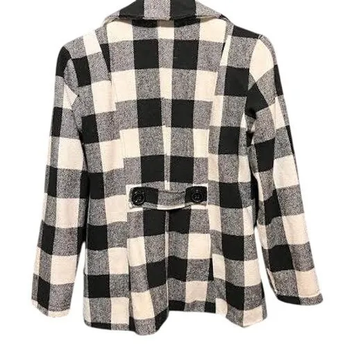 ME JANE Womens Plaid Pea Coat Jacket S Black‎ White Checkered Double Breasted - Image 2