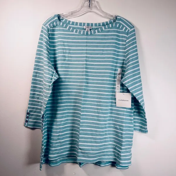 Croft & Barrow Aqua Blue White Striped Boatneck 3/4 Sleeve Top XL WC81K020RR - Image 2