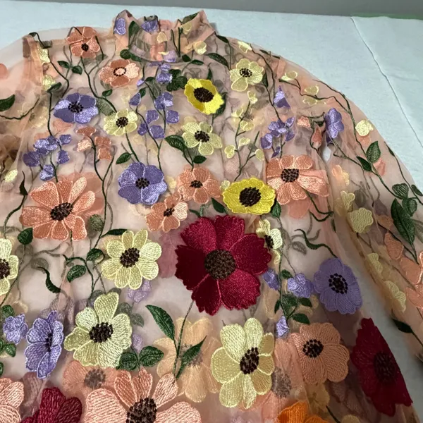 Finesse Floral Embroidered Sheer Mesh Mock Neck Mini Dress Peach Multi Size L - Image 3