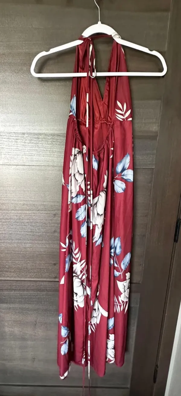 Floral red & blue Halter slit maxi dress - Image 3