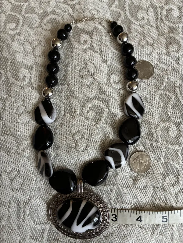 Chunky Black & White Zebra Print Statement Necklace – Large Oval Pendant 20-23” - Image 4
