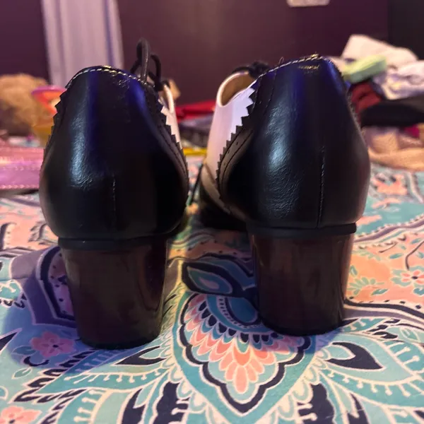 Block Heel Shoes Womens 38 Black White Lace Up Wingtip Oxford Retro Rockabilly - Image 5