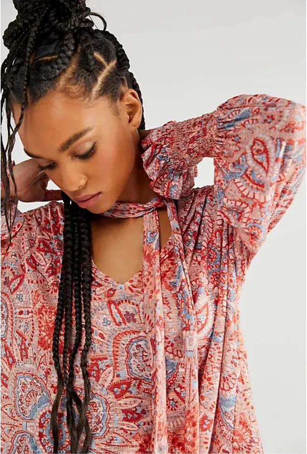 Free People Vista Dreams Top Printed Smocked Long Sleeve V Neck Blouse Tie M - Image 2