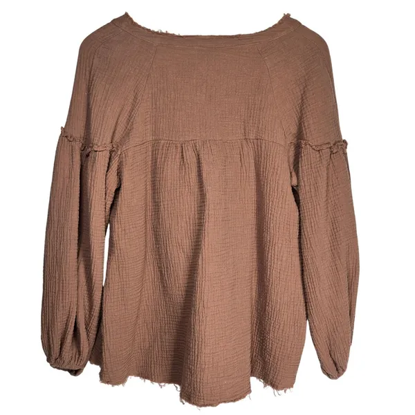 Cozy Co By Cozy Casual‎ Brown Gauze Cotton Henley Blouse L3324C M - Image 2