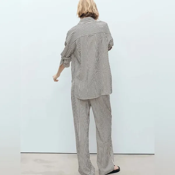 Mango elasticated waist staight wide leg stripe pants in mono stripe size large - Image 2