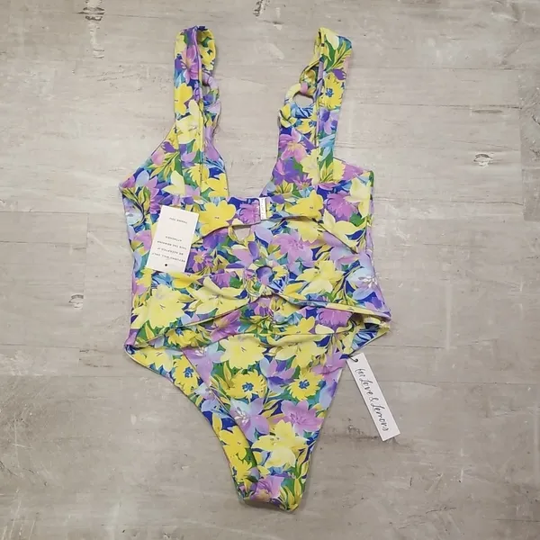 💕FOR LOVE AND LEMONS Daffodil One-Piece Swimsuit Sunny Neon Floral Print S NWT - Image 15