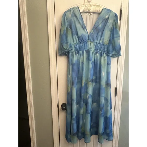 Sissyyaki Women’s XL Blue Green Watercolor Floral V Neck Empire Waist Maxi Dress - Image 9